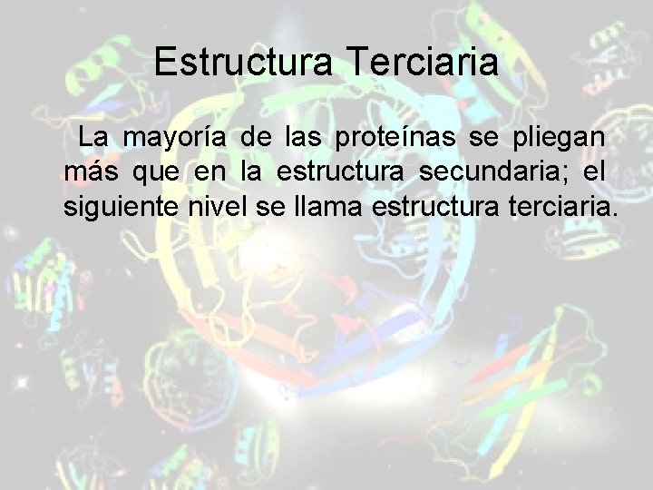 Estructura Terciaria La mayoría de las proteínas se pliegan más que en la estructura Estructura Terciaria La mayoría de las proteínas se pliegan más que en la estructura
