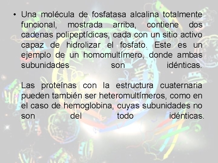 • Una molécula de fosfatasa alcalina totalmente funcional, mostrada arriba, contiene dos cadenas • Una molécula de fosfatasa alcalina totalmente funcional, mostrada arriba, contiene dos cadenas