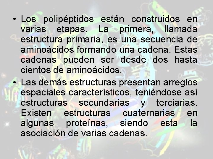 • Los polipéptidos están construidos en varias etapas. La primera, llamada estructura primaria, • Los polipéptidos están construidos en varias etapas. La primera, llamada estructura primaria,