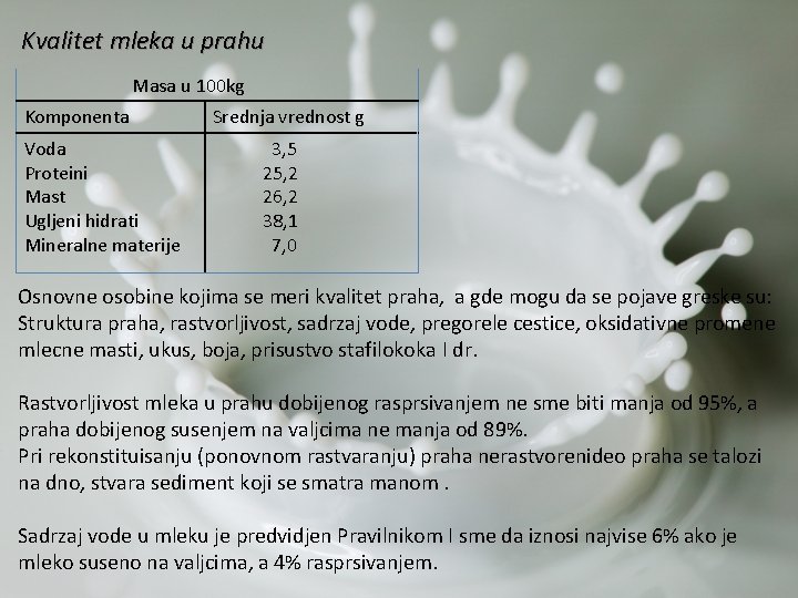 Kvalitet mleka u prahu Masa u 100 kg Komponenta Voda Proteini Mast Ugljeni hidrati