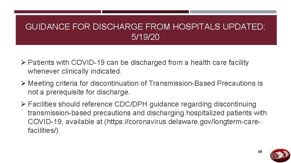GUIDANCE FOR DISCHARGE FROM HOSPITALS UPDATED: 5/19/20 Ø Patients with COVID-19 can be discharged