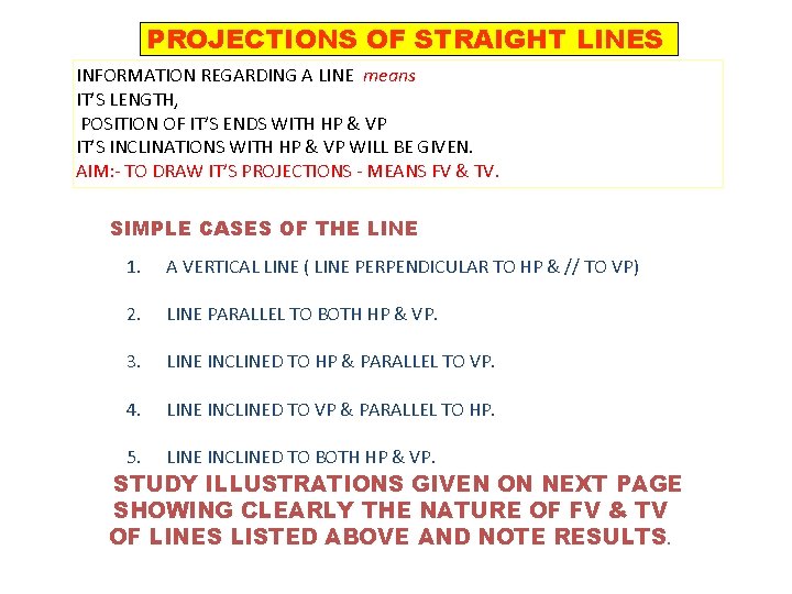 PROJECTIONS OF STRAIGHT LINES INFORMATION REGARDING A LINE means IT’S LENGTH, POSITION OF IT’S