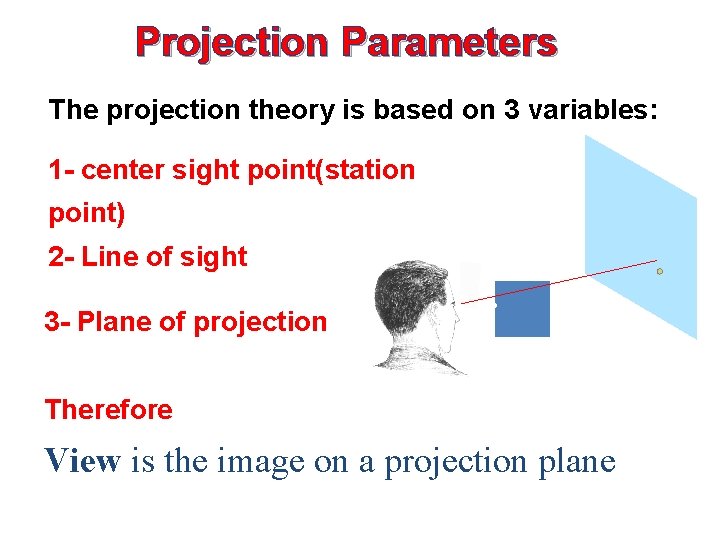 Projection Parameters The projection theory is based on 3 variables: 1 - center sight