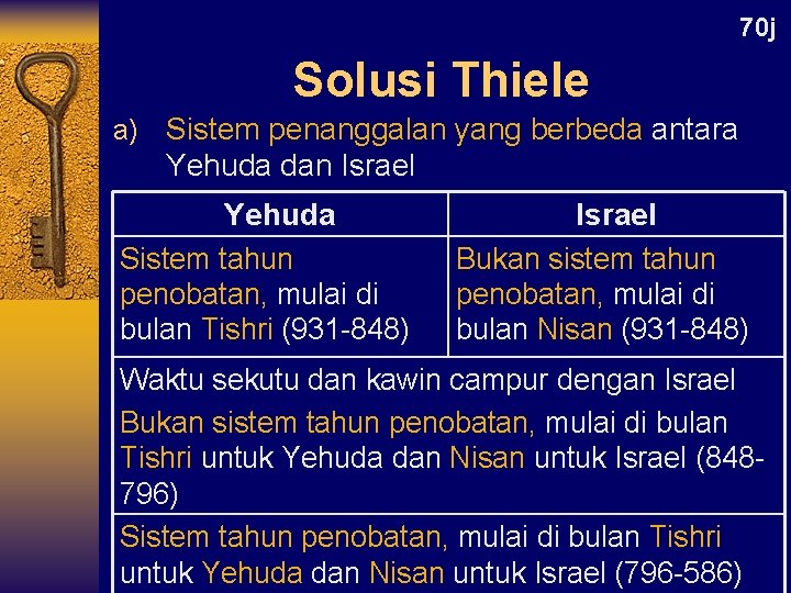 70 j Solusi Thiele a) Sistem penanggalan yang berbeda antara Yehuda dan Israel Yehuda