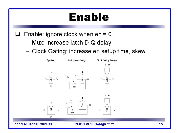 Enable q Enable: ignore clock when en = 0 – Mux: increase latch D-Q