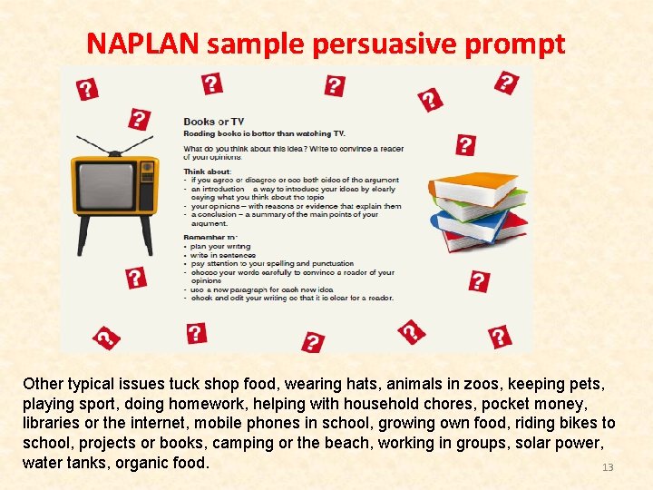 NAPLAN sample persuasive prompt Other typical issues tuck shop food, wearing hats, animals in