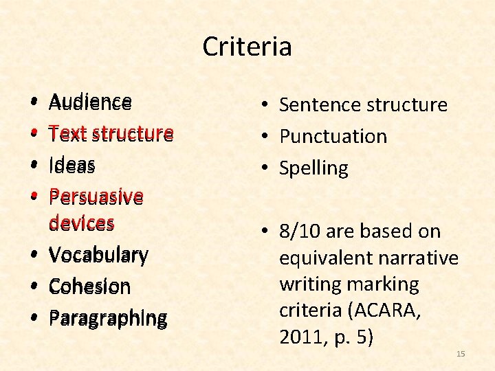 Criteria • • Audience Text structure Ideas Persuasive devices Vocabulary Cohesion Paragraphing • Sentence