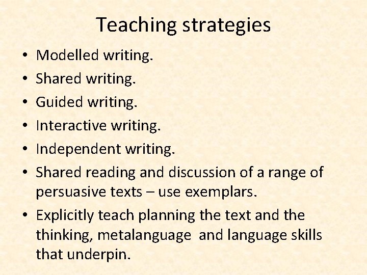 Teaching strategies Modelled writing. Shared writing. Guided writing. Interactive writing. Independent writing. Shared reading