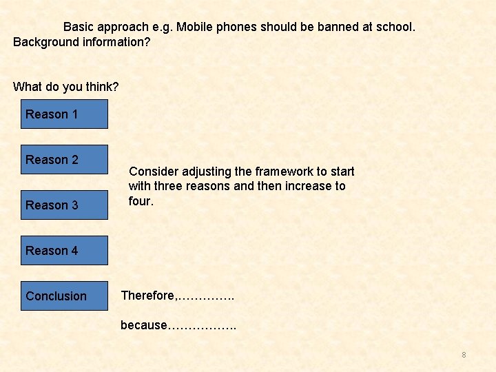 Basic approach e. g. Mobile phones should be banned at school. Background information? What