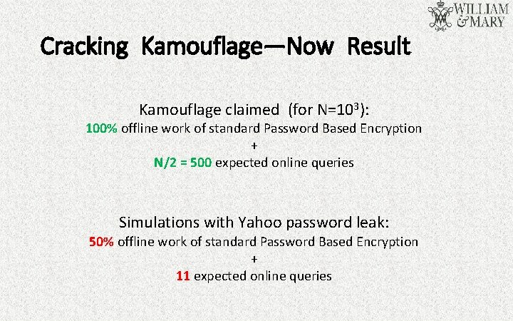 Cracking Kamouflage—Now Result Kamouflage claimed (for N=103): 100% offline work of standard Password Based