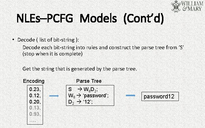 NLEs–PCFG Models (Cont’d) • Decode ( list of bit-string ): Decode each bit-string into