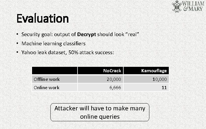 Evaluation • Security goal: output of Decrypt should look “real” • Machine learning classifiers