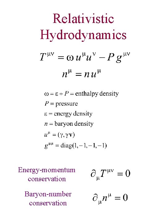 Relativistic Hydrodynamics Energy-momentum conservation Baryon-number conservation 