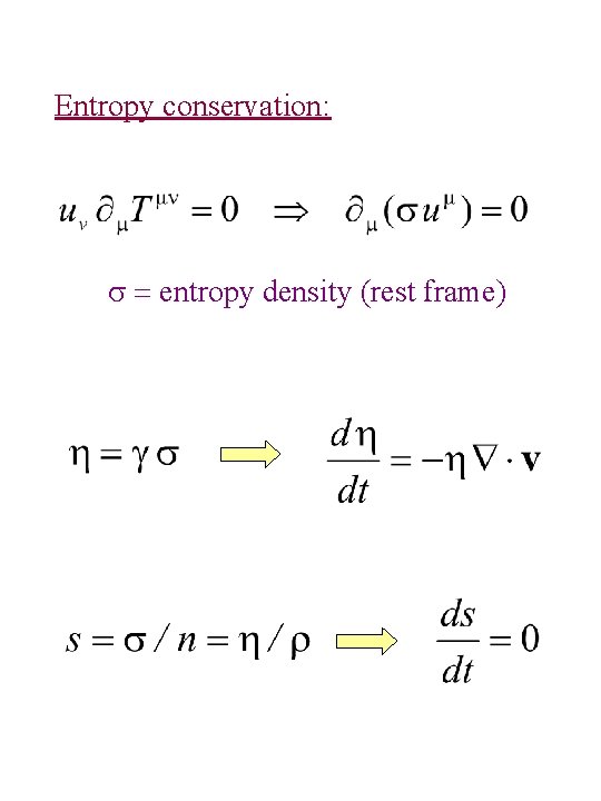 Entropy conservation: s = entropy density (rest frame) 