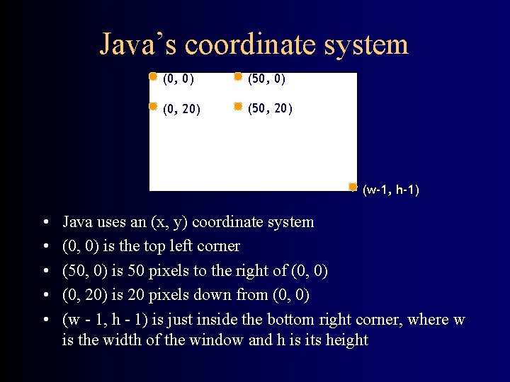 Java’s coordinate system (0, 0) (50, 0) (0, 20) (50, 20) (w-1, h-1) •