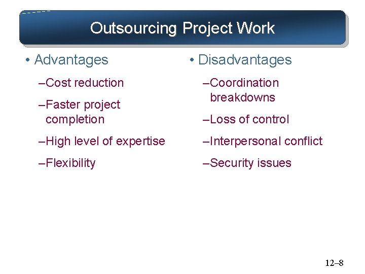 Outsourcing Project Work • Advantages – Cost reduction – Faster project completion • Disadvantages