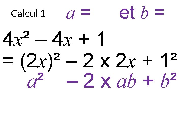Calcul 1 a = 2 x et b = 1 4 x² – 4