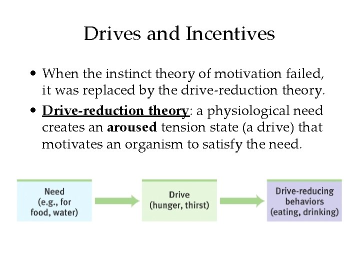 Drives and Incentives • When the instinct theory of motivation failed, it was replaced