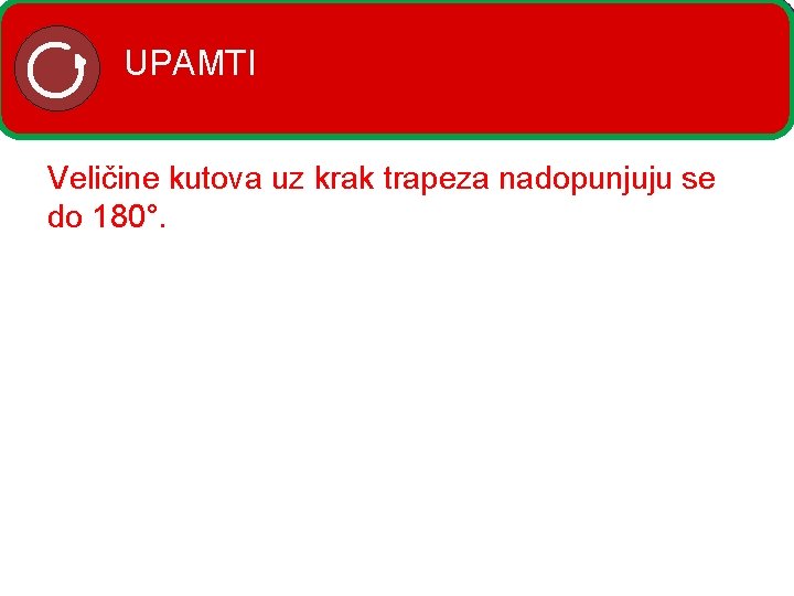 UPAMTI Veličine kutova uz krak trapeza nadopunjuju se do 180°. 