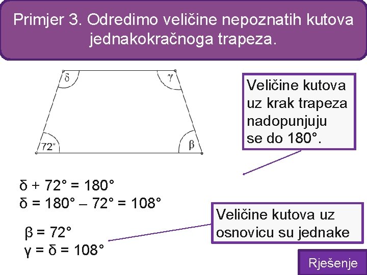 Primjer 3. Odredimo veličine nepoznatih kutova jednakokračnoga trapeza. Veličine kutova uz krak trapeza nadopunjuju