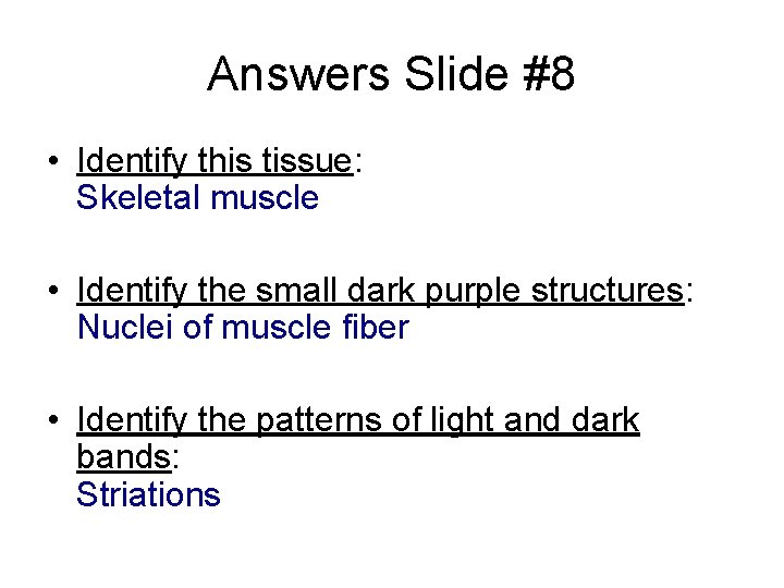 Answers Slide #8 • Identify this tissue: Skeletal muscle • Identify the small dark