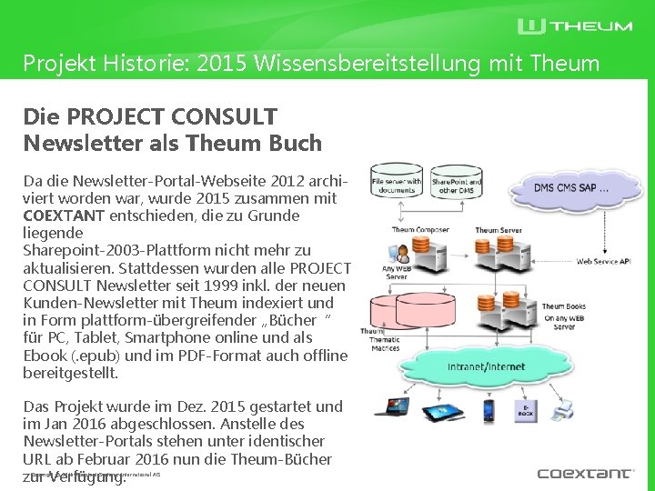 Projekt Historie: 2015 Wissensbereitstellung mit Theum Die PROJECT CONSULT Newsletter als Theum Buch Da