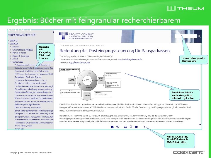 Ergebnis: Bücher mit feingranular recherchierbarem Wissen Navigator mit Kategorien, Titeln und Themen Feingranulare gezielte