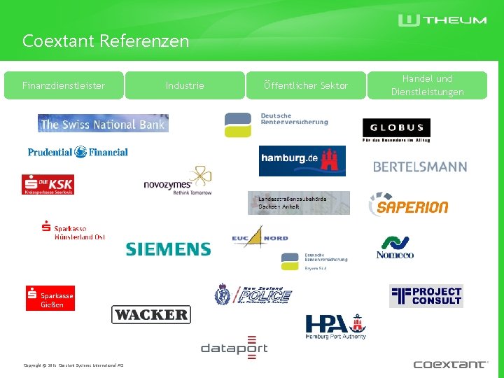 Coextant Referenzen Finanzdienstleister Copyright © 2016 Coextant Systems International AG Industrie Öffentlicher Sektor Handel