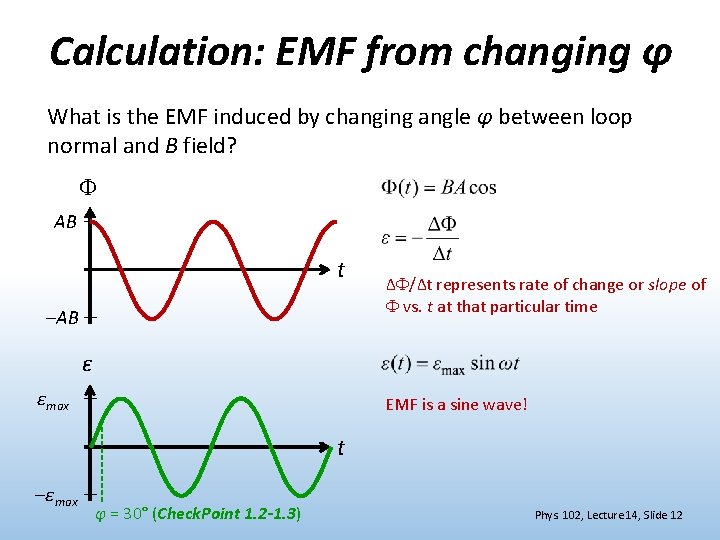 Calculation: EMF from changing φ What is the EMF induced by changing angle φ