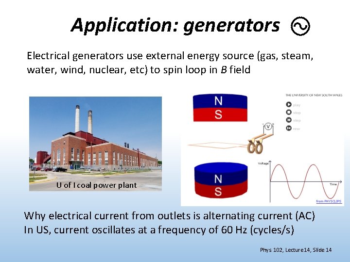 Application: generators Electrical generators use external energy source (gas, steam, water, wind, nuclear, etc)
