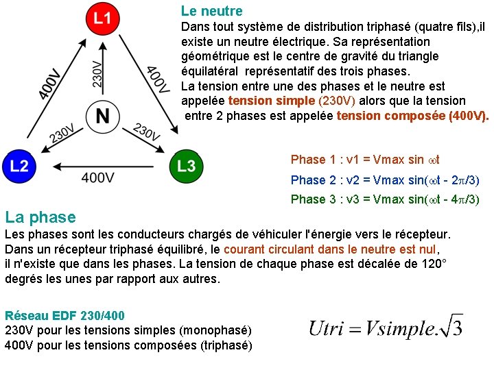 Le neutre Dans tout système de distribution triphasé (quatre fils), il existe un neutre