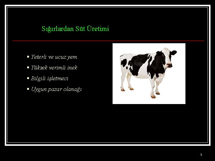 Sığırlardan Süt Üretimi § Yeterli ve ucuz yem § Yüksek verimli inek § Bilgili