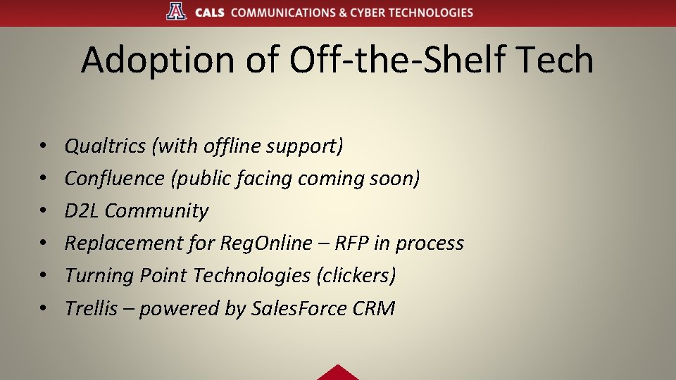 Adoption of Off-the-Shelf Tech • • • Qualtrics (with offline support) Confluence (public facing