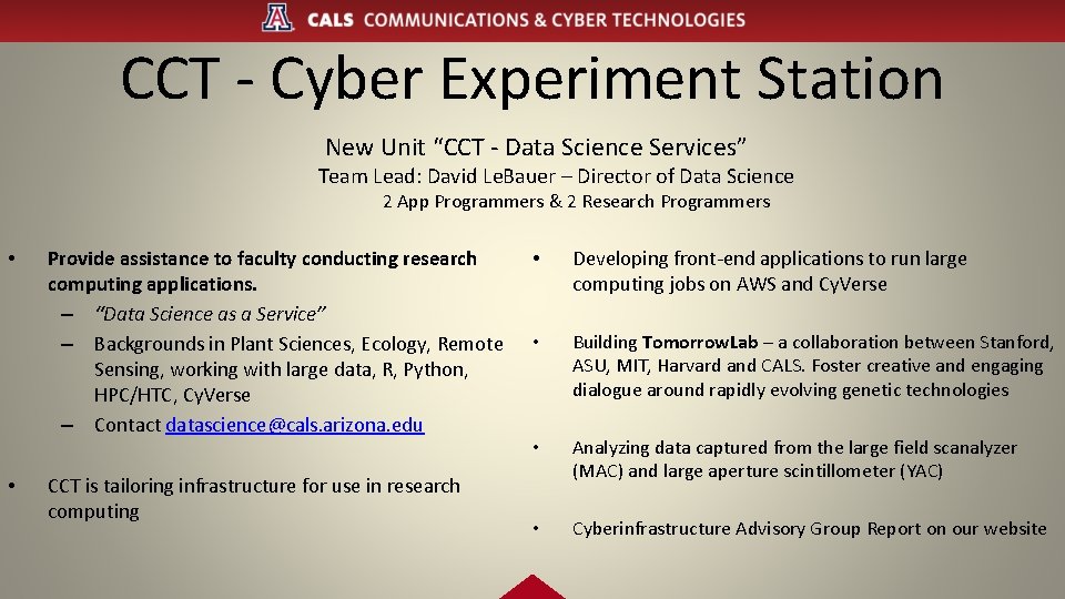 CCT - Cyber Experiment Station New Unit “CCT - Data Science Services” Team Lead: