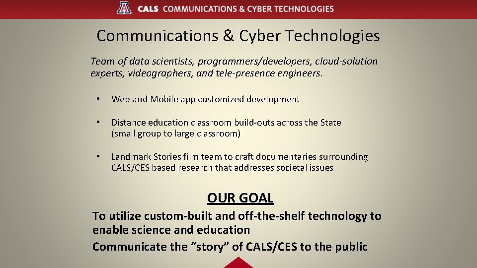 Communications & Cyber Technologies Team of data scientists, programmers/developers, cloud-solution experts, videographers, and tele-presence