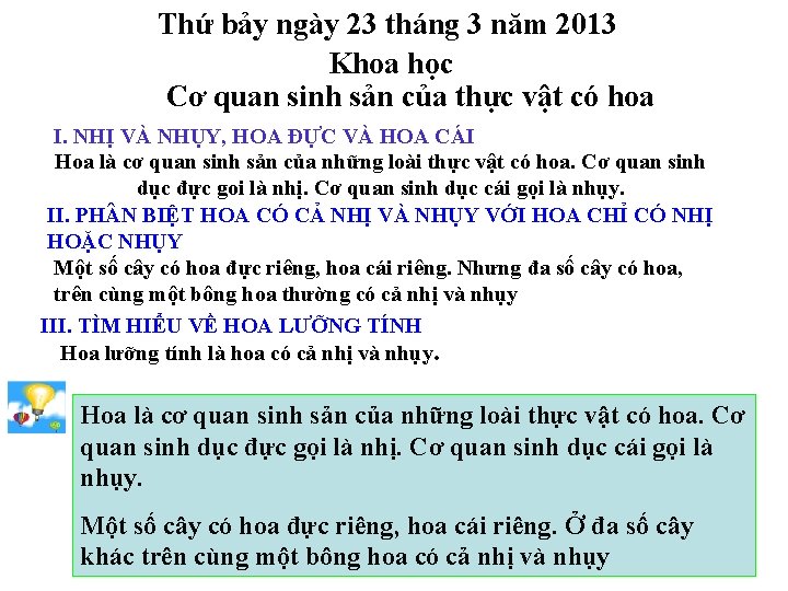 Thứ bảy ngày 23 tháng 3 năm 2013 Khoa học Cơ quan sinh sản