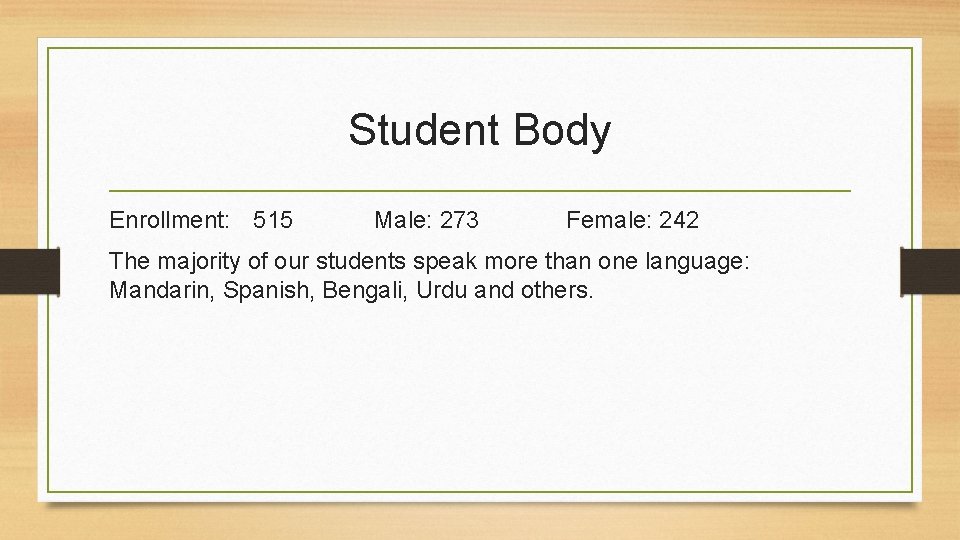 Student Body Enrollment: 515 Male: 273 Female: 242 The majority of our students speak