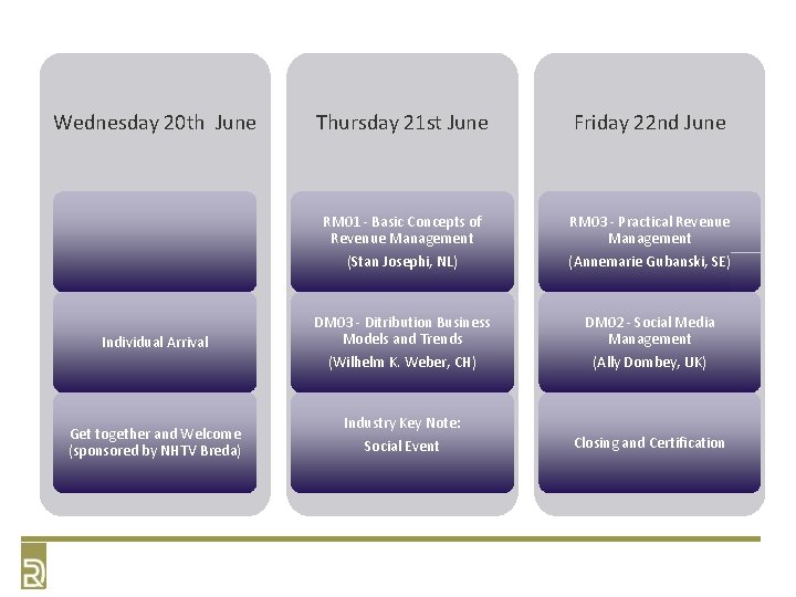 Wednesday 20 th June Individual Arrival Get together and Welcome (sponsored by NHTV Breda) Wednesday 20 th June Individual Arrival Get together and Welcome (sponsored by NHTV Breda)