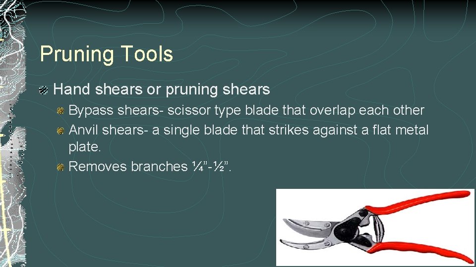 Pruning Tools Hand shears or pruning shears Bypass shears- scissor type blade that overlap