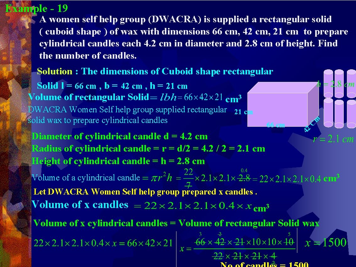 Example - 19 A women self help group (DWACRA) is supplied a rectangular solid Example - 19 A women self help group (DWACRA) is supplied a rectangular solid