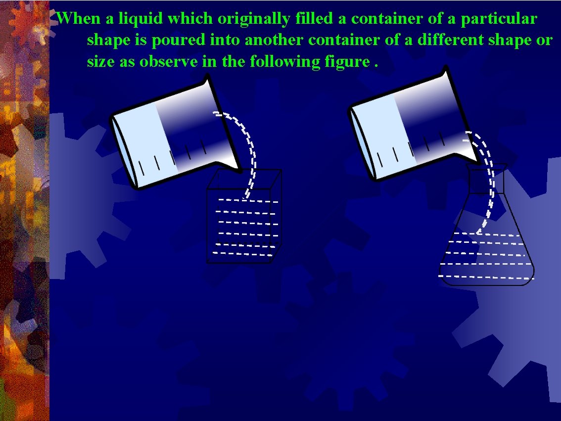When a liquid which originally filled a container of a particular shape is poured When a liquid which originally filled a container of a particular shape is poured