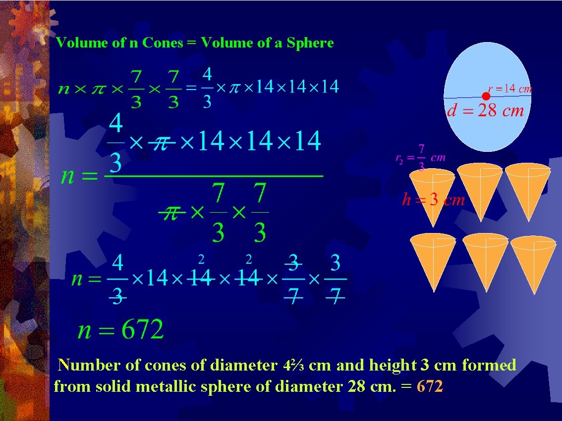 Volume of n Cones = Volume of a Sphere Number of cones of diameter Volume of n Cones = Volume of a Sphere Number of cones of diameter