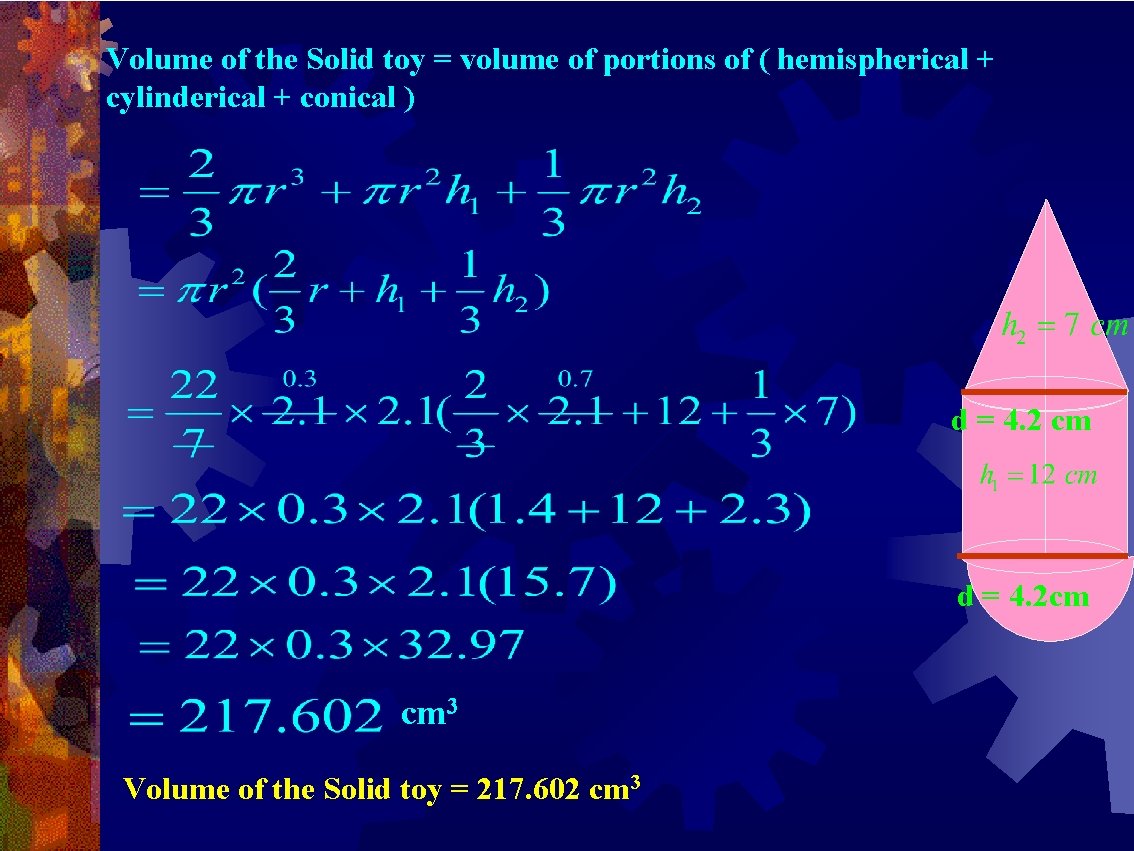 Volume of the Solid toy = volume of portions of ( hemispherical + cylinderical Volume of the Solid toy = volume of portions of ( hemispherical + cylinderical