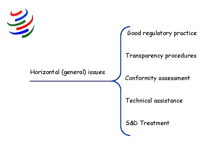 Good regulatory practice Transparency procedures Horizontal (general) issues Conformity assessment Technical assistance S&D Treatment