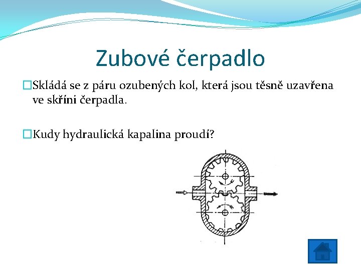 Zubové čerpadlo �Skládá se z páru ozubených kol, která jsou těsně uzavřena ve skříni