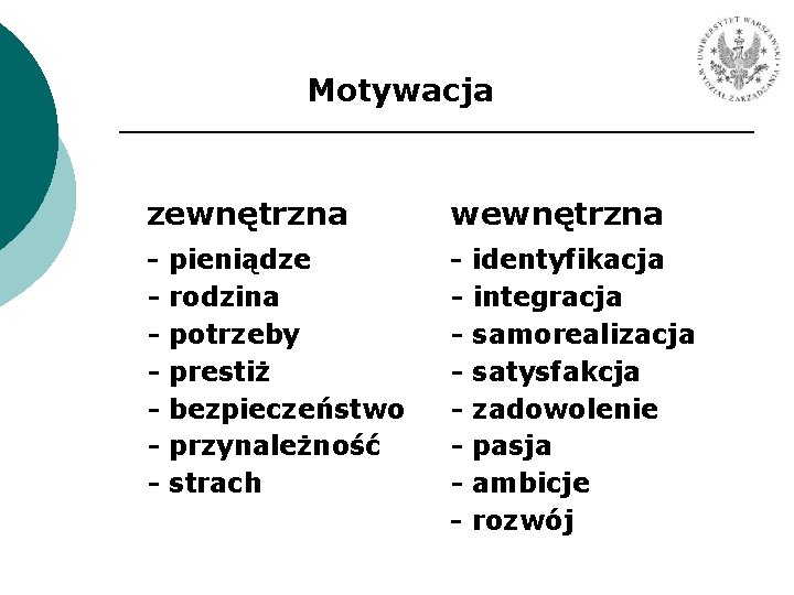 Motywacja zewnętrzna wewnętrzna - - pieniądze rodzina potrzeby prestiż bezpieczeństwo przynależność strach identyfikacja integracja