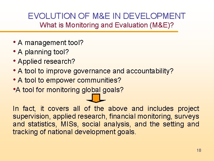 EVOLUTION OF M&E IN DEVELOPMENT What is Monitoring and Evaluation (M&E)? • A management