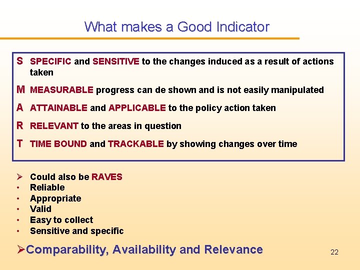 What makes a Good Indicator S SPECIFIC and SENSITIVE to the changes induced as