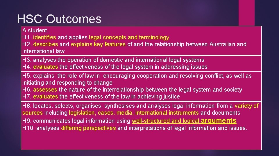 HSC Outcomes A student: H 1. identifies and applies legal concepts and terminology H