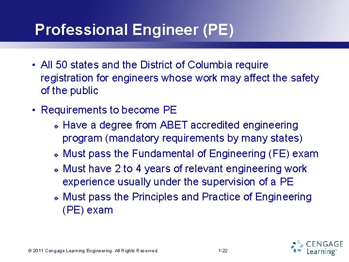Professional Engineer (PE) • All 50 states and the District of Columbia require registration